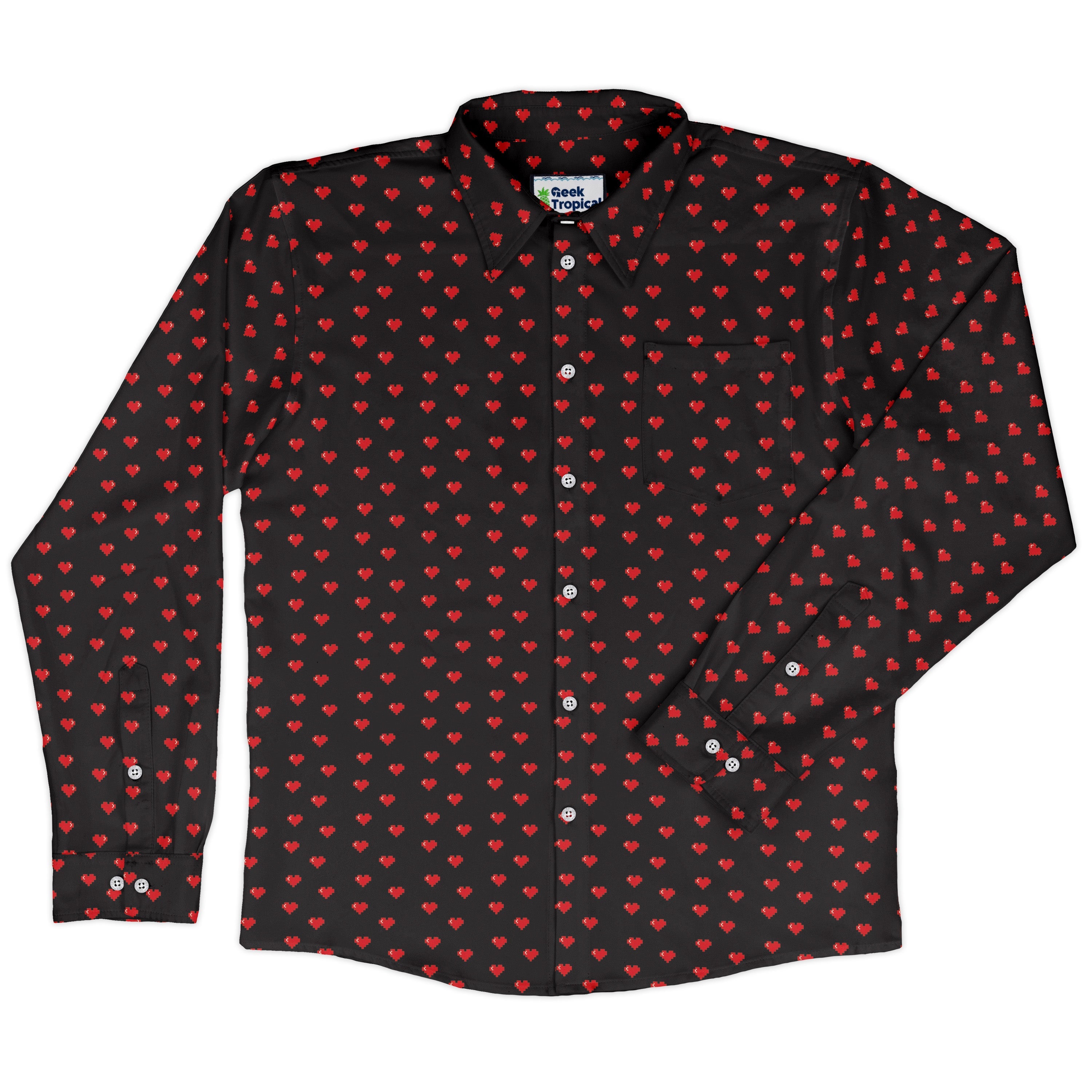 Video Game Hearts Black Long Sleeve Button Up Shirt