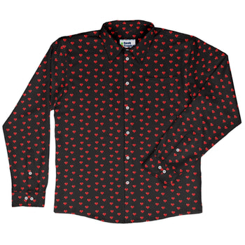 Video Game Hearts Black Long Sleeve Button Up Shirt Geek Nerd adult sizing Design by Heather Davenport FLOW DESC WRITING