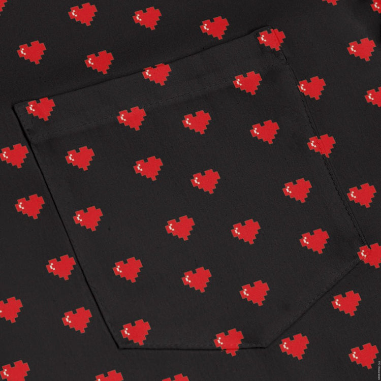 Video Game Hearts Black Long Sleeve Button Up Shirt Geek Nerd adult sizing Design by Heather Davenport FLOW DESC WRITING