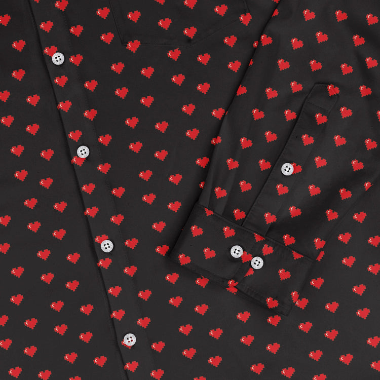 Video Game Hearts Black Long Sleeve Button Up Shirt Geek Nerd adult sizing Design by Heather Davenport FLOW DESC WRITING
