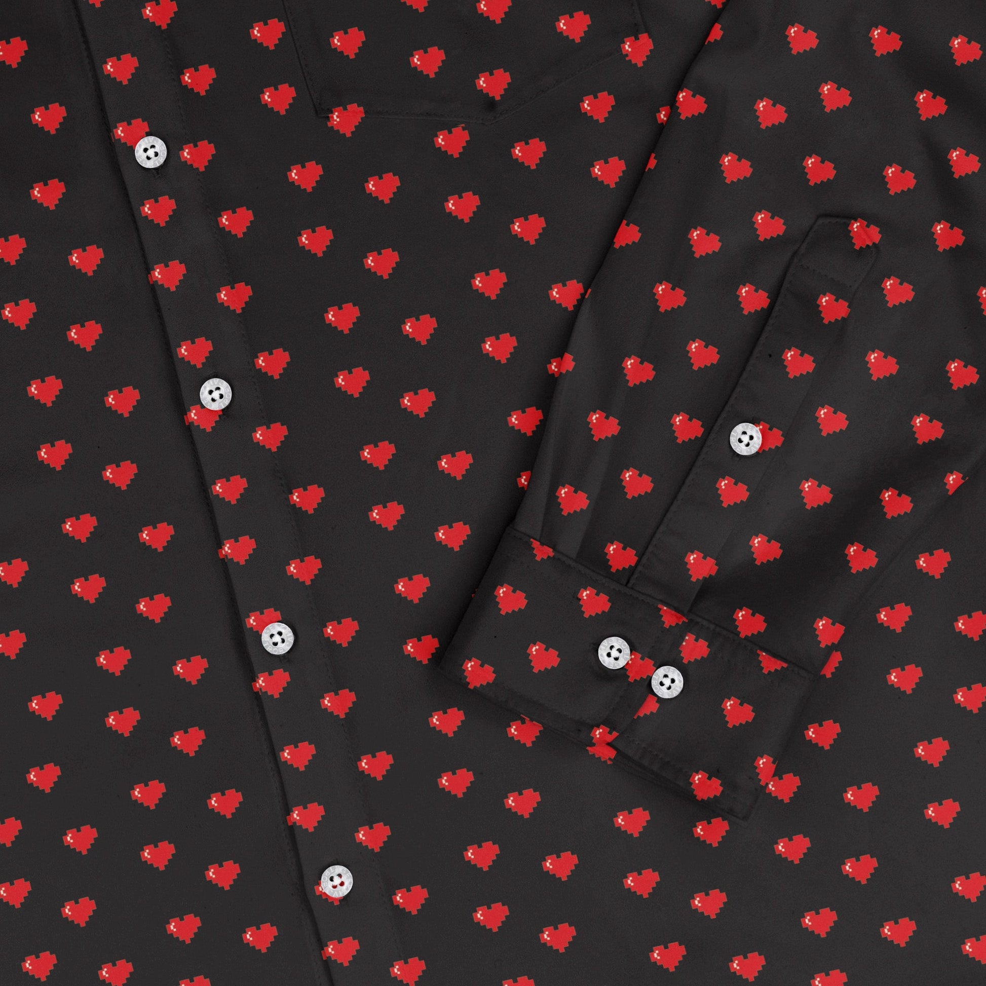 Video Game Hearts Black Long Sleeve Button Up Shirt