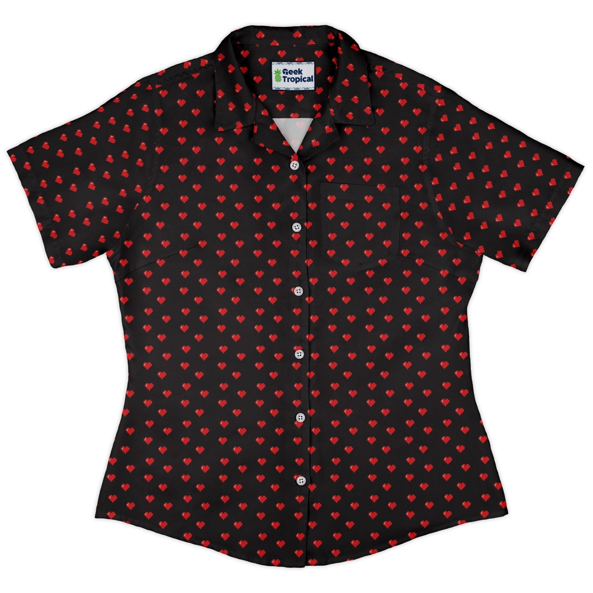 Clearance Ready - to - Ship Video Game Hearts Black Curvy Button Up Shirt Geek Nerd Clearance Design by Heather Davenport Ready - to - Ship