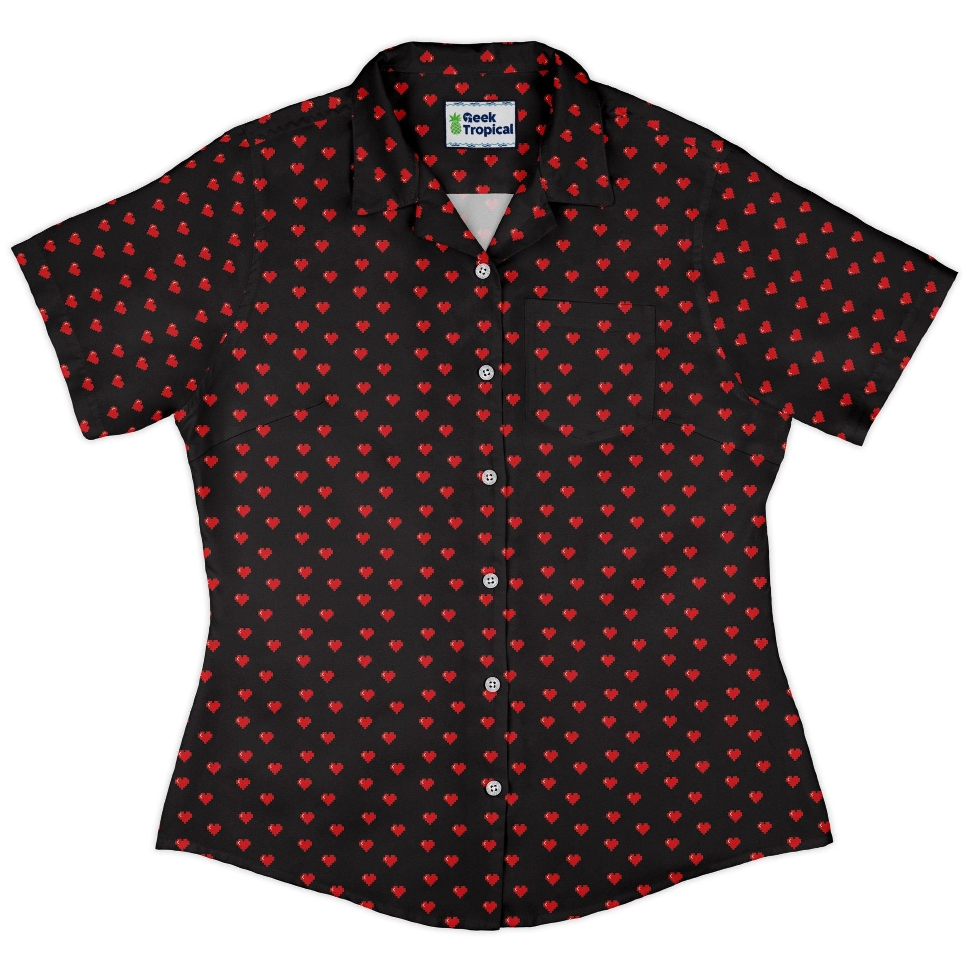 Clearance Ready - to - Ship Video Game Hearts Black Curvy Button Up Shirt Geek Nerd Clearance Design by Heather Davenport Ready - to - Ship