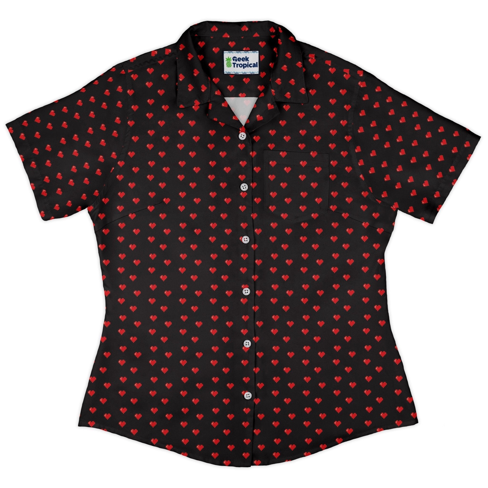 Video Game Hearts Black Curvy Button Up Shirt Geek Nerd Design by Heather Davenport Simple Patterns video game arcade print