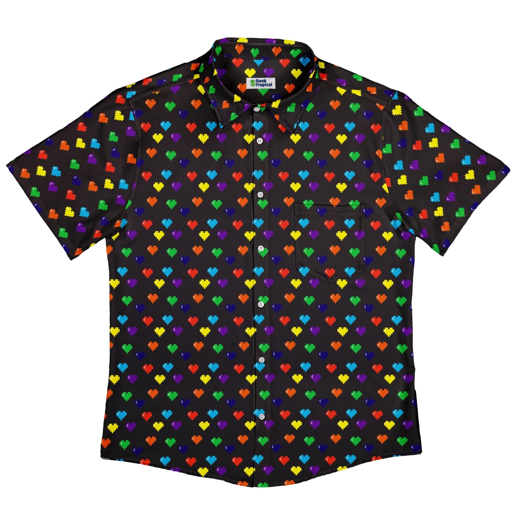 Video Game LGBTQ+ Pride Hearts Button Up Shirt - adult sizing - Design by Heather Davenport - Pride Patterns