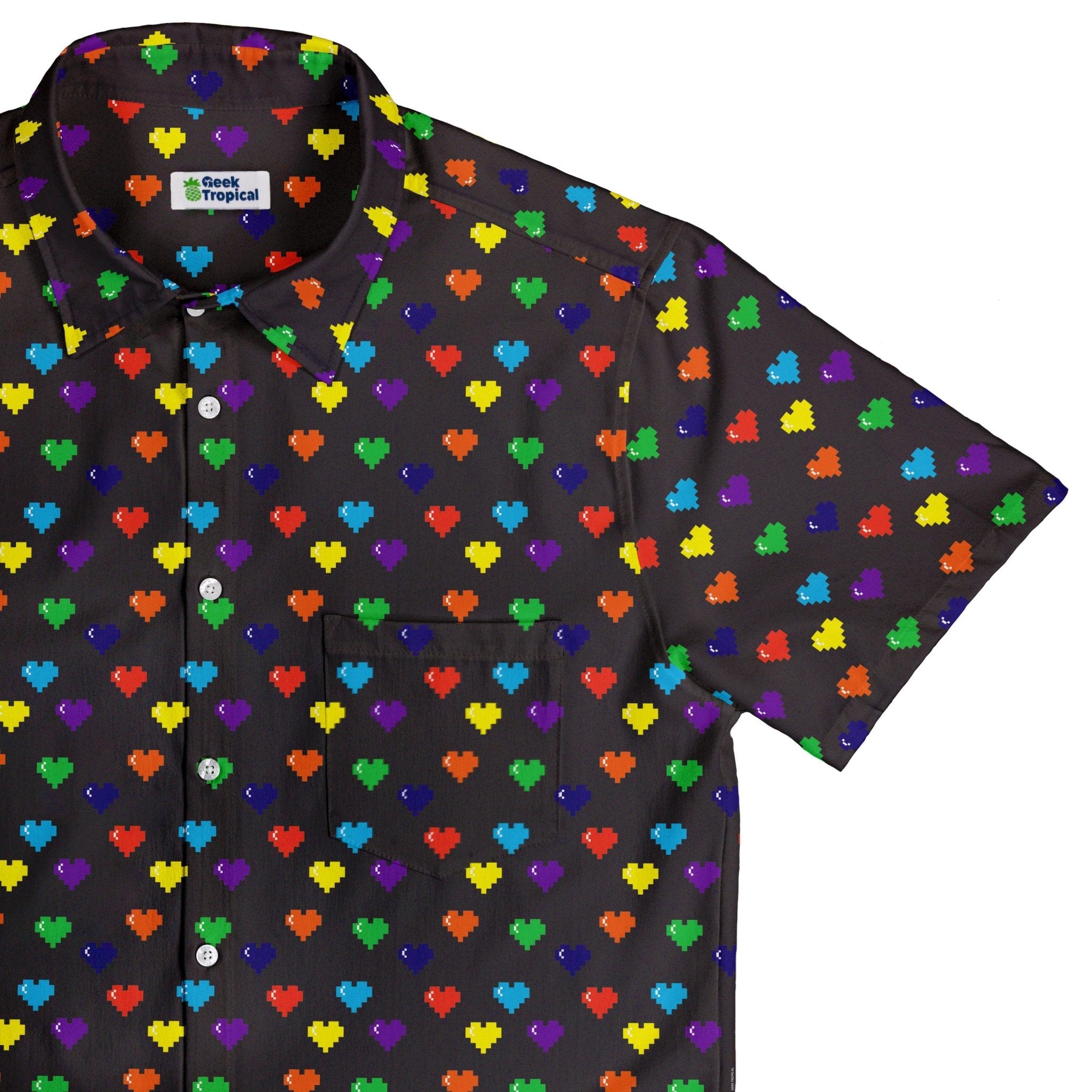 Video Game LGBTQ+ Pride Hearts Button Up Shirt - adult sizing - Design by Heather Davenport - Pride Patterns