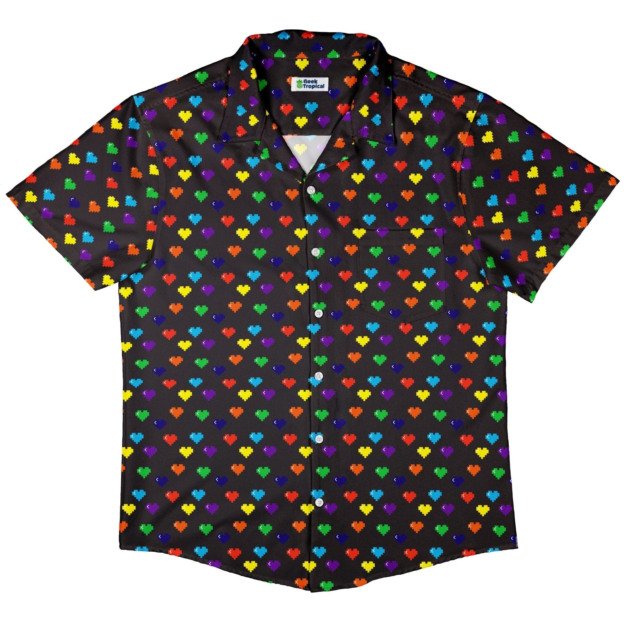 Clearance Ready - to - Ship Video Game LGBTQ+ Pride Hearts Button Up Shirt Geek Nerd adult sizing Clearance Design by Heather Davenport