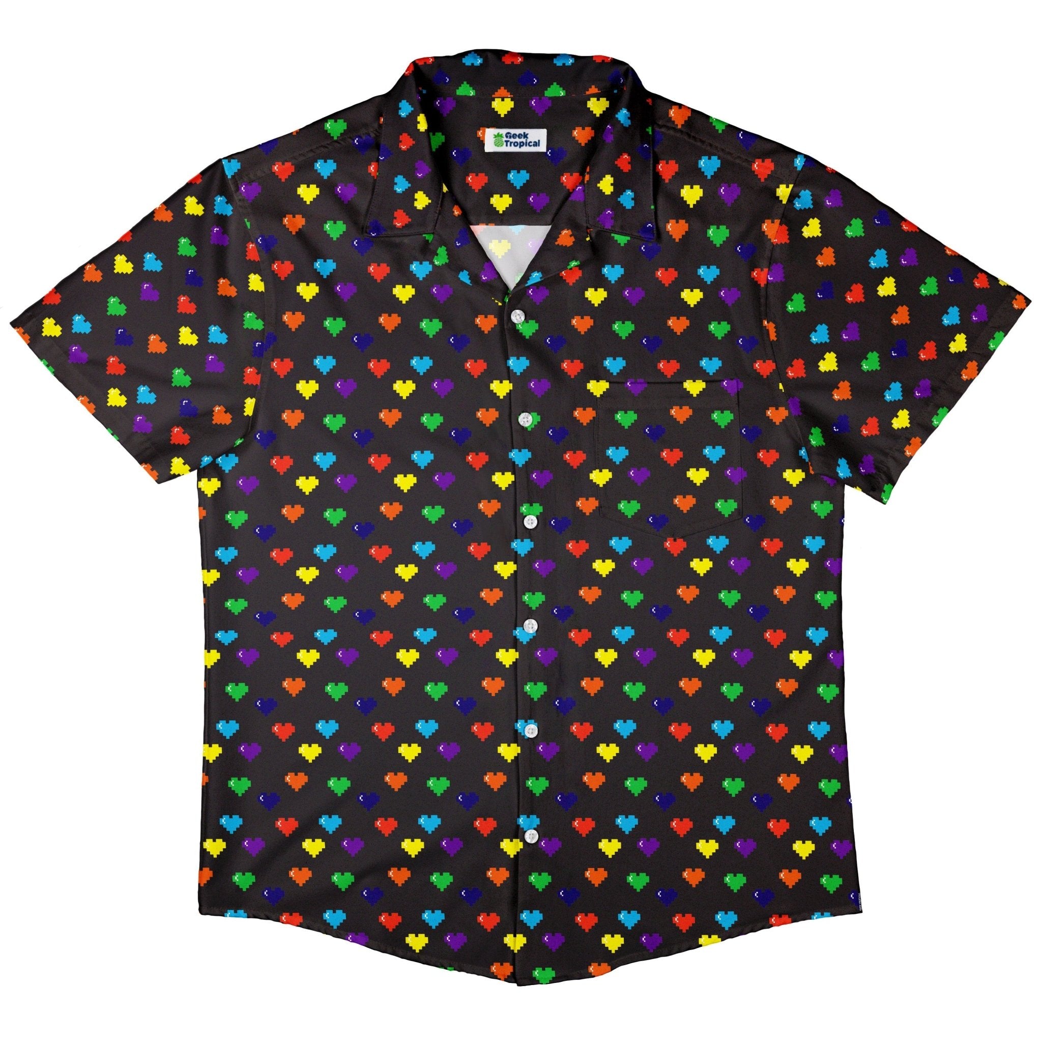 Video Game LGBTQ+ Pride Hearts Button Up Shirt - adult sizing - Design by Heather Davenport - Pride Patterns