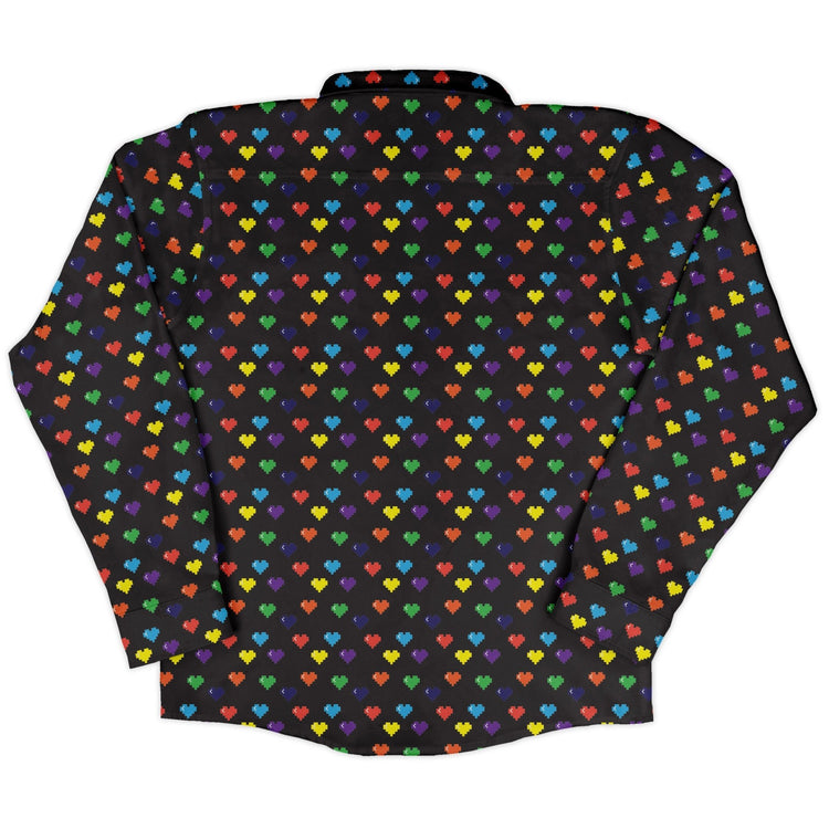 Video Game LGBTQ+ Pride Hearts Long Sleeve Button Up Shirt Geek Nerd adult sizing Design by Heather Davenport Pride Patterns