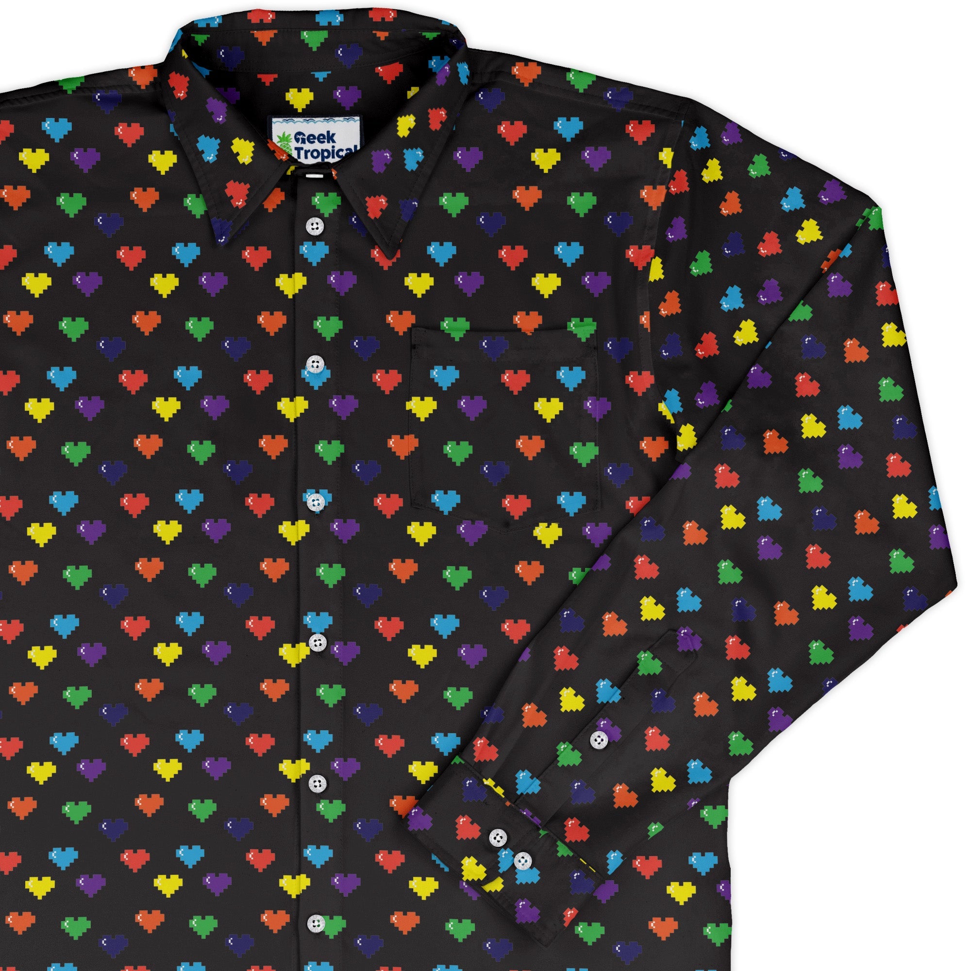 Video Game LGBTQ+ Pride Hearts Long Sleeve Button Up Shirt