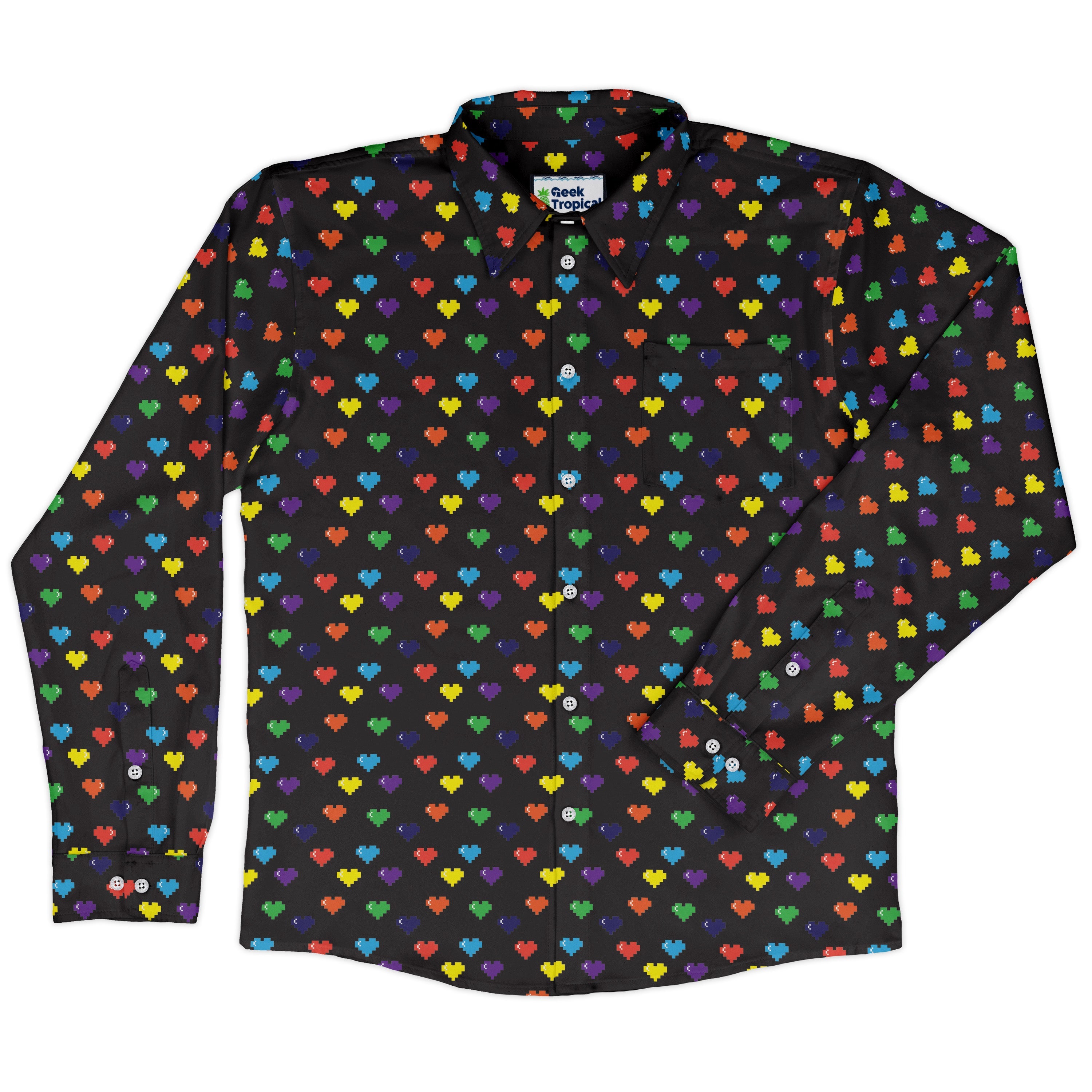 Video Game LGBTQ+ Pride Hearts Long Sleeve Button Up Shirt