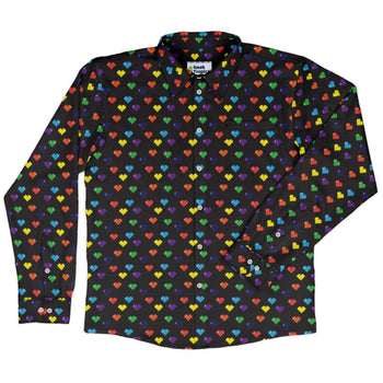 Video Game LGBTQ+ Pride Hearts Long Sleeve Button Up Shirt Geek Nerd adult sizing Design by Heather Davenport Pride Patterns