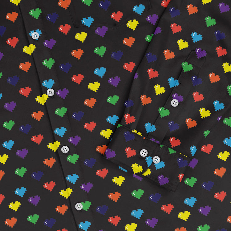 Video Game LGBTQ+ Pride Hearts Long Sleeve Button Up Shirt Geek Nerd adult sizing Design by Heather Davenport Pride Patterns