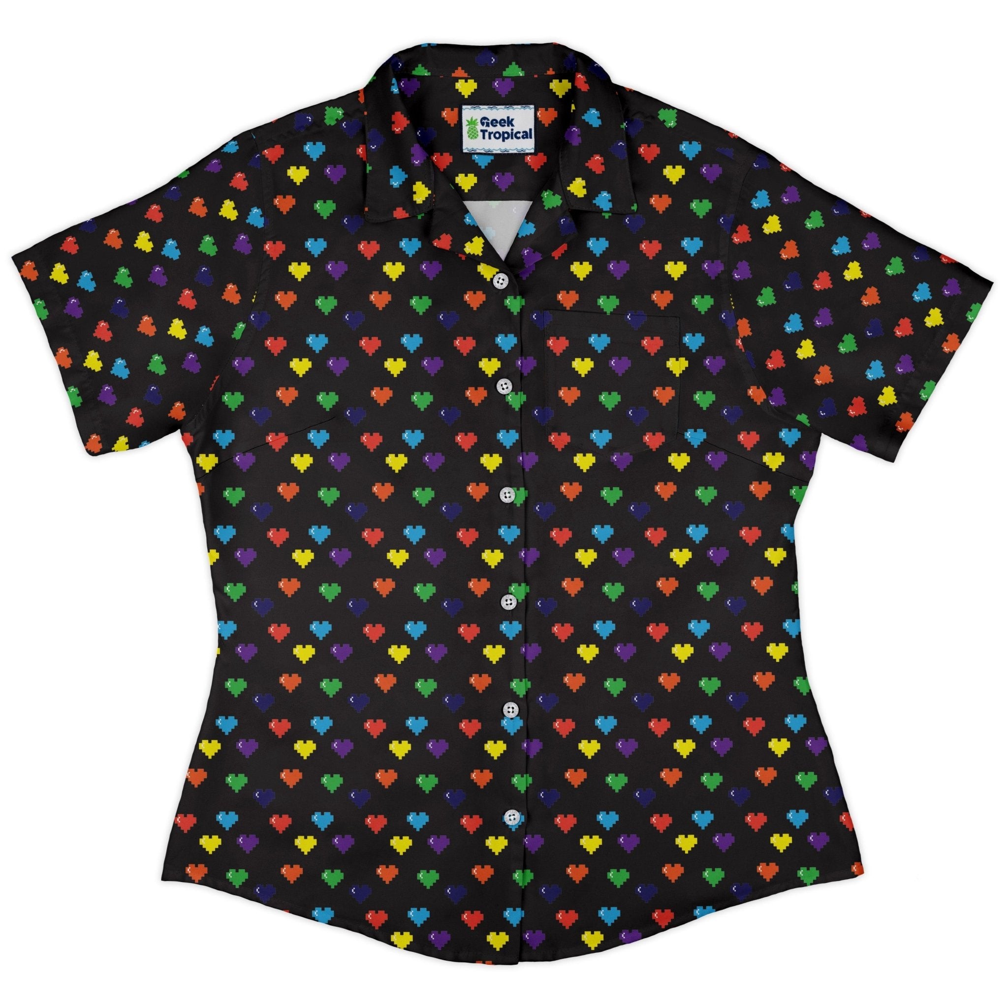 Video Game LGBTQ+ Pride Hearts Curvy Button Up Shirt Geek Nerd Design by Heather Davenport Pride Patterns video game arcade print