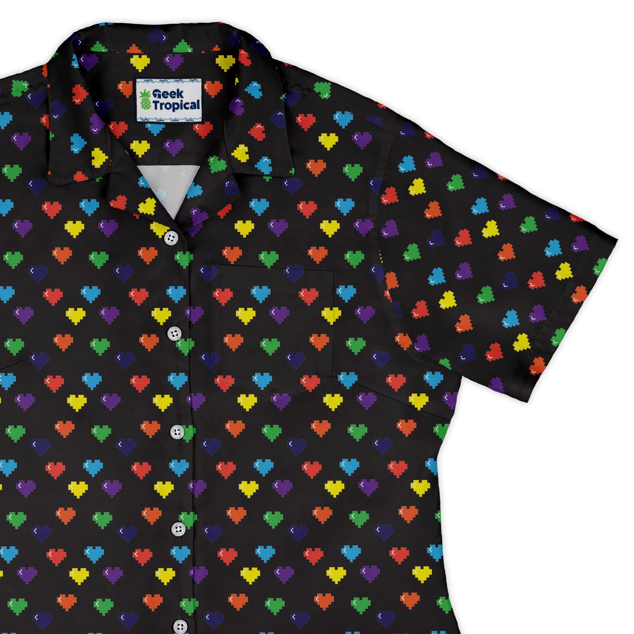 Video Game LGBTQ+ Pride Hearts Curvy Button Up Shirt Geek Nerd Design by Heather Davenport Pride Patterns video game arcade print