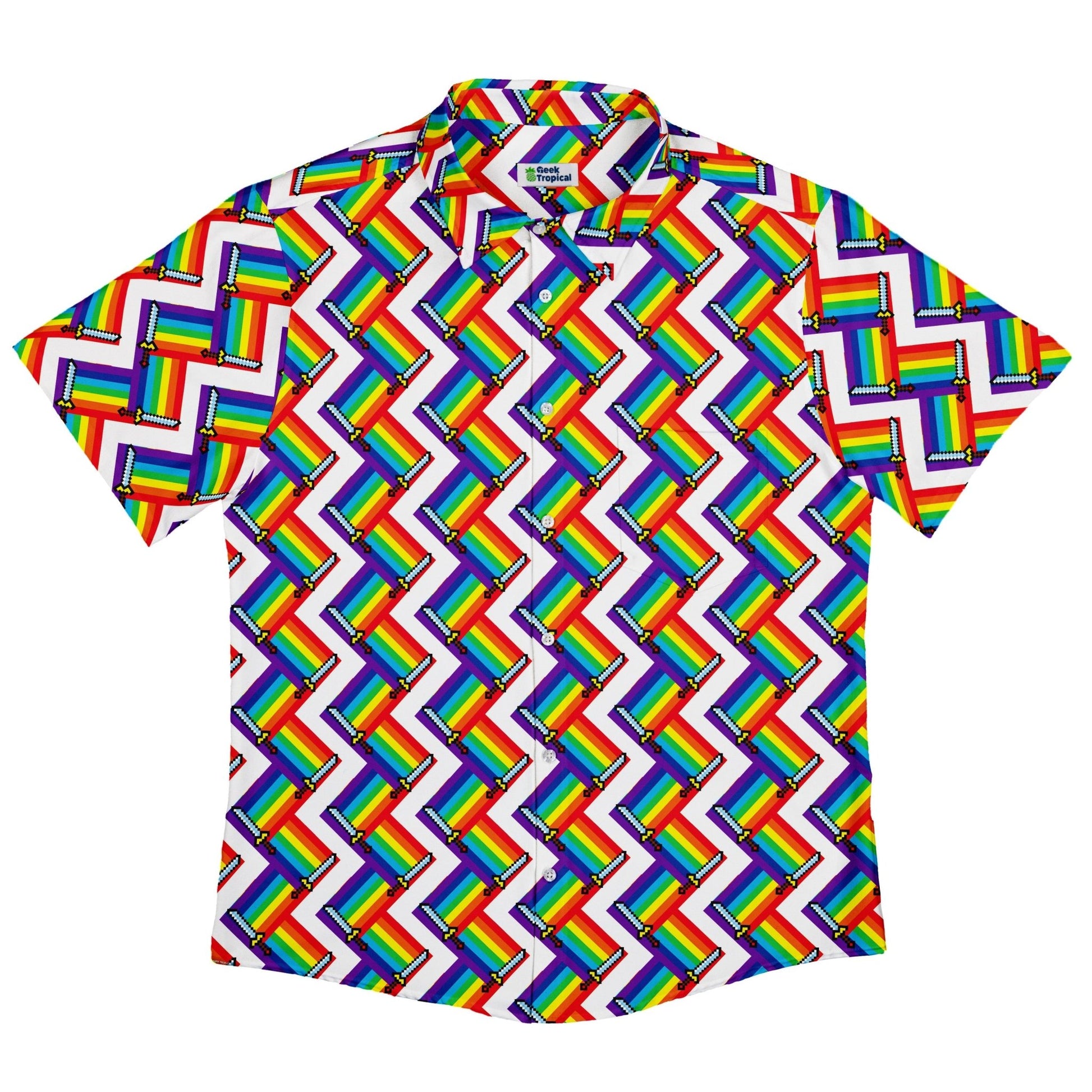 Video Game Swords Rainbow LGBTQ+ Pride Button Up Shirt - adult sizing - Design by Heather Davenport - Pride Patterns