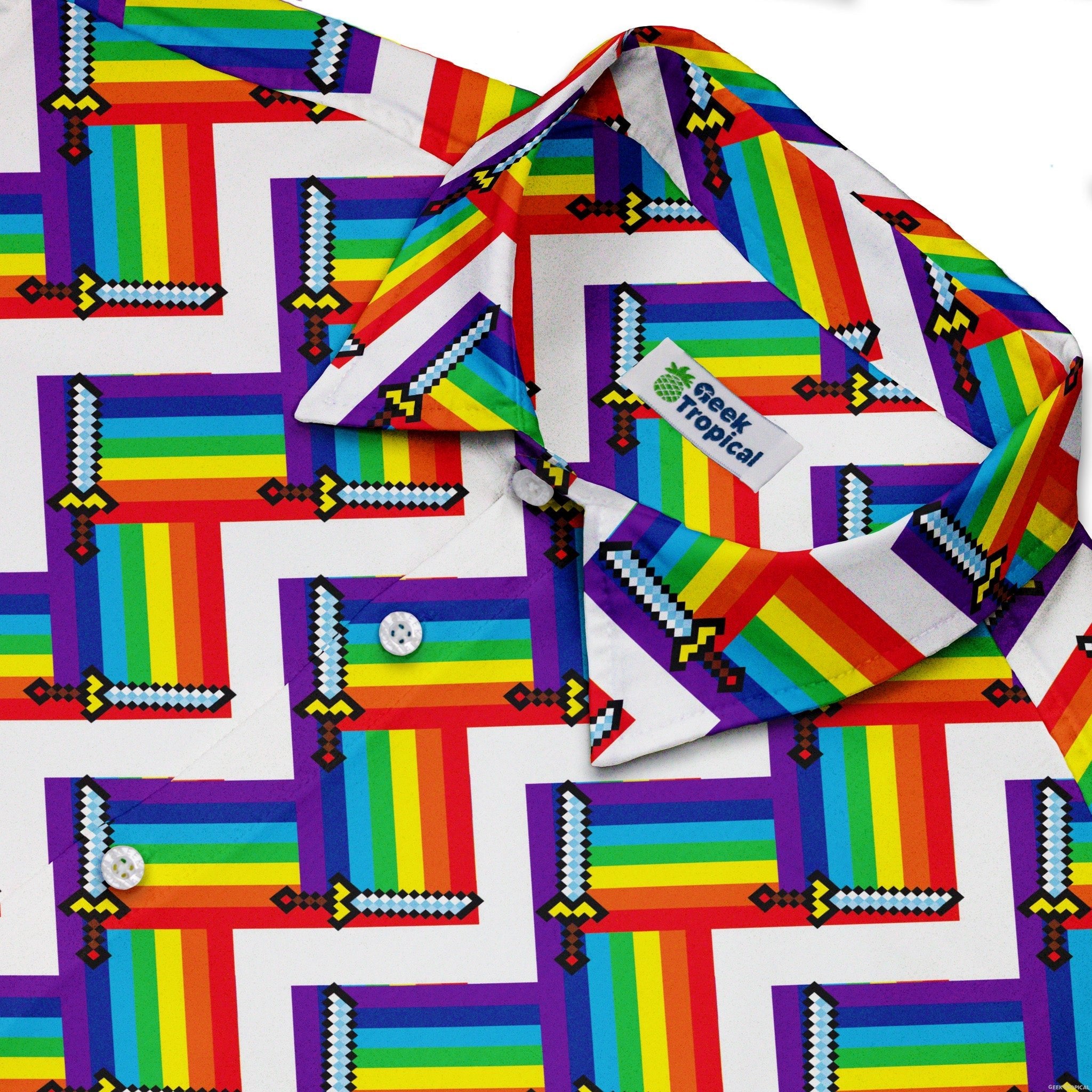 Video Game Swords Rainbow LGBTQ+ Pride Button Up Shirt - adult sizing - Design by Heather Davenport - Pride Patterns