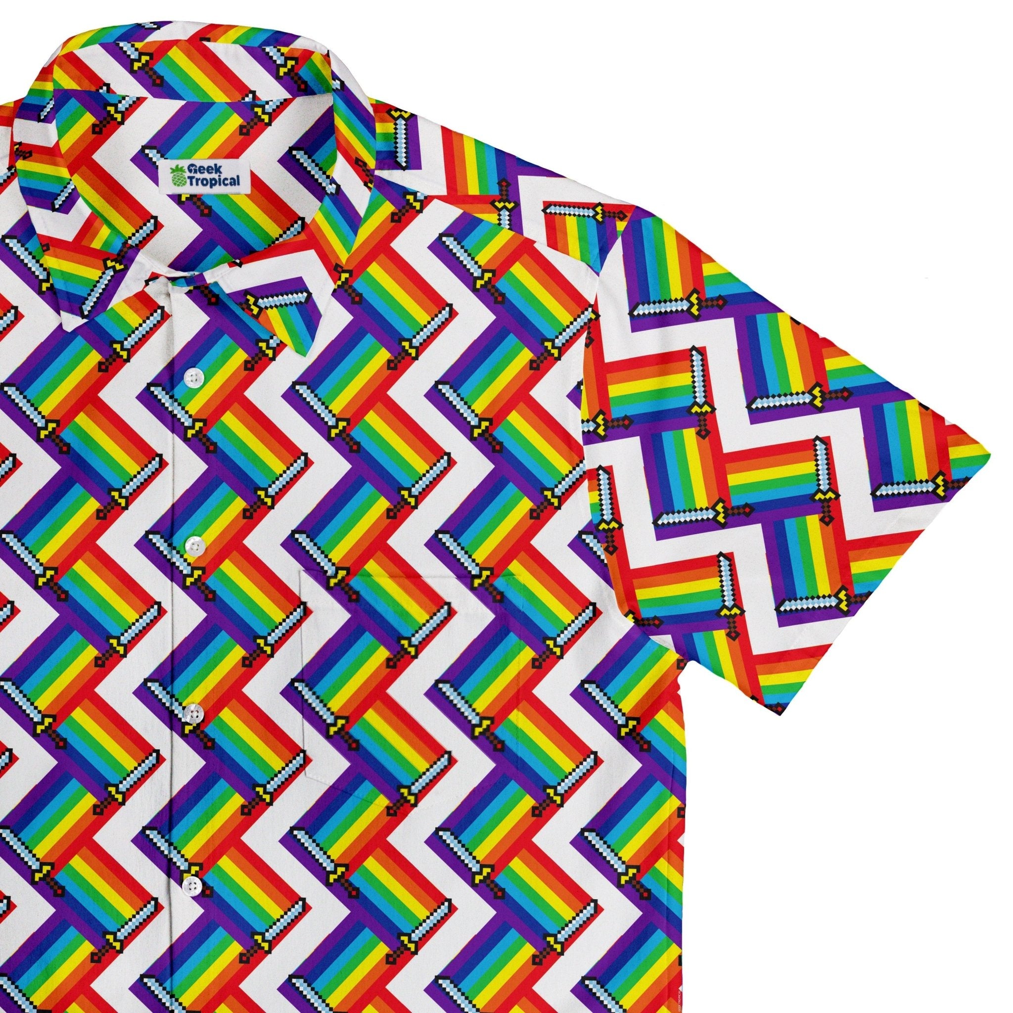 Video Game Swords Rainbow LGBTQ+ Pride Button Up Shirt - adult sizing - Design by Heather Davenport - Pride Patterns