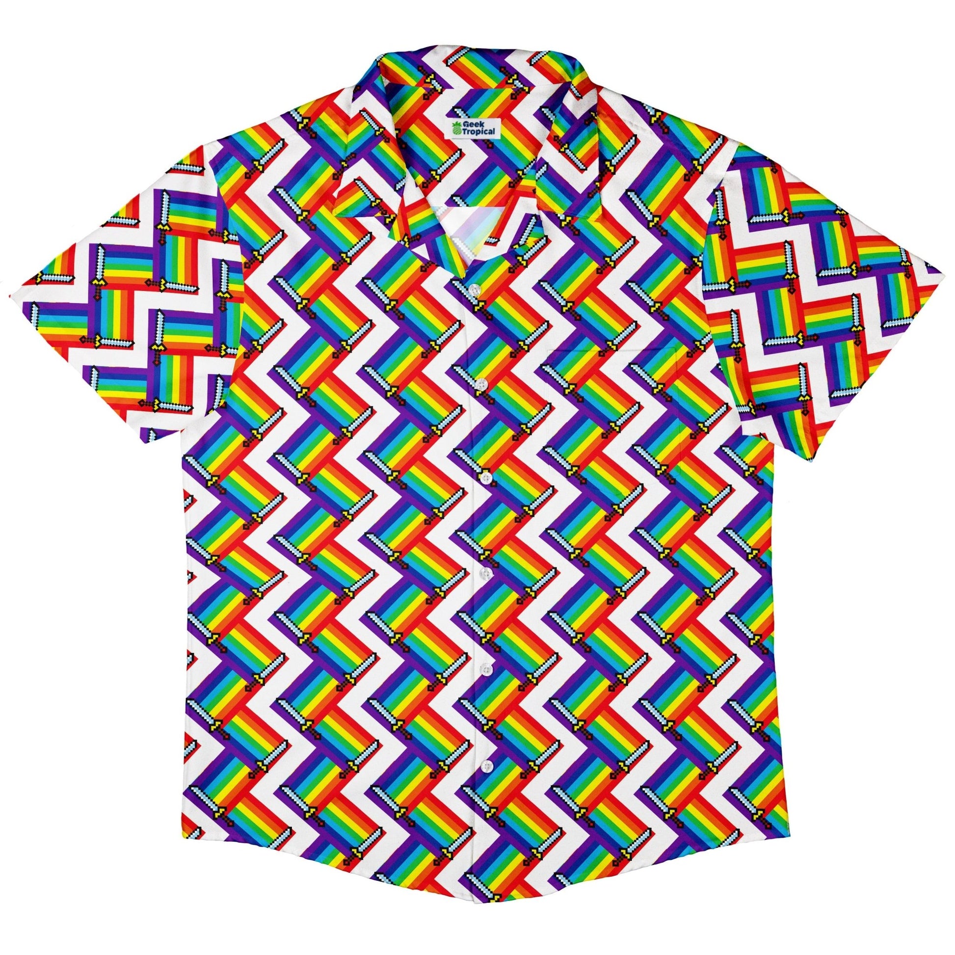 Video Game Swords Rainbow LGBTQ+ Pride Button Up Shirt - adult sizing - Design by Heather Davenport - Pride Patterns