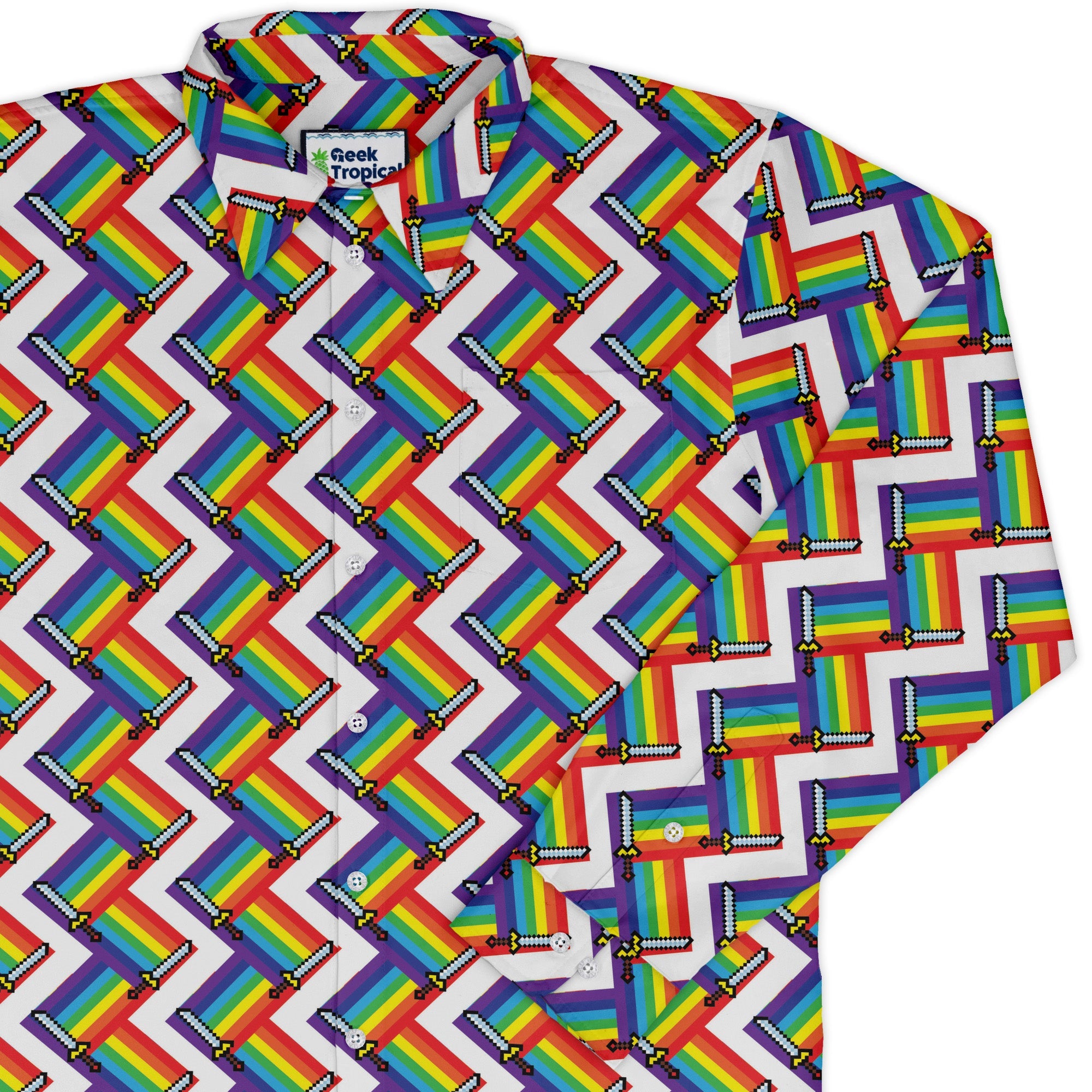 Video Game Swords Rainbow LGBTQ+ Pride Long Sleeve Button Up Shirt