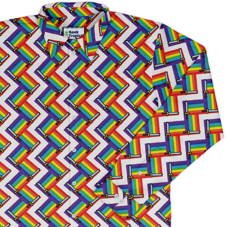 Video Game Swords Rainbow LGBTQ+ Pride Long Sleeve Button Up Shirt Geek Nerd adult sizing Design by Heather Davenport Pride Patterns