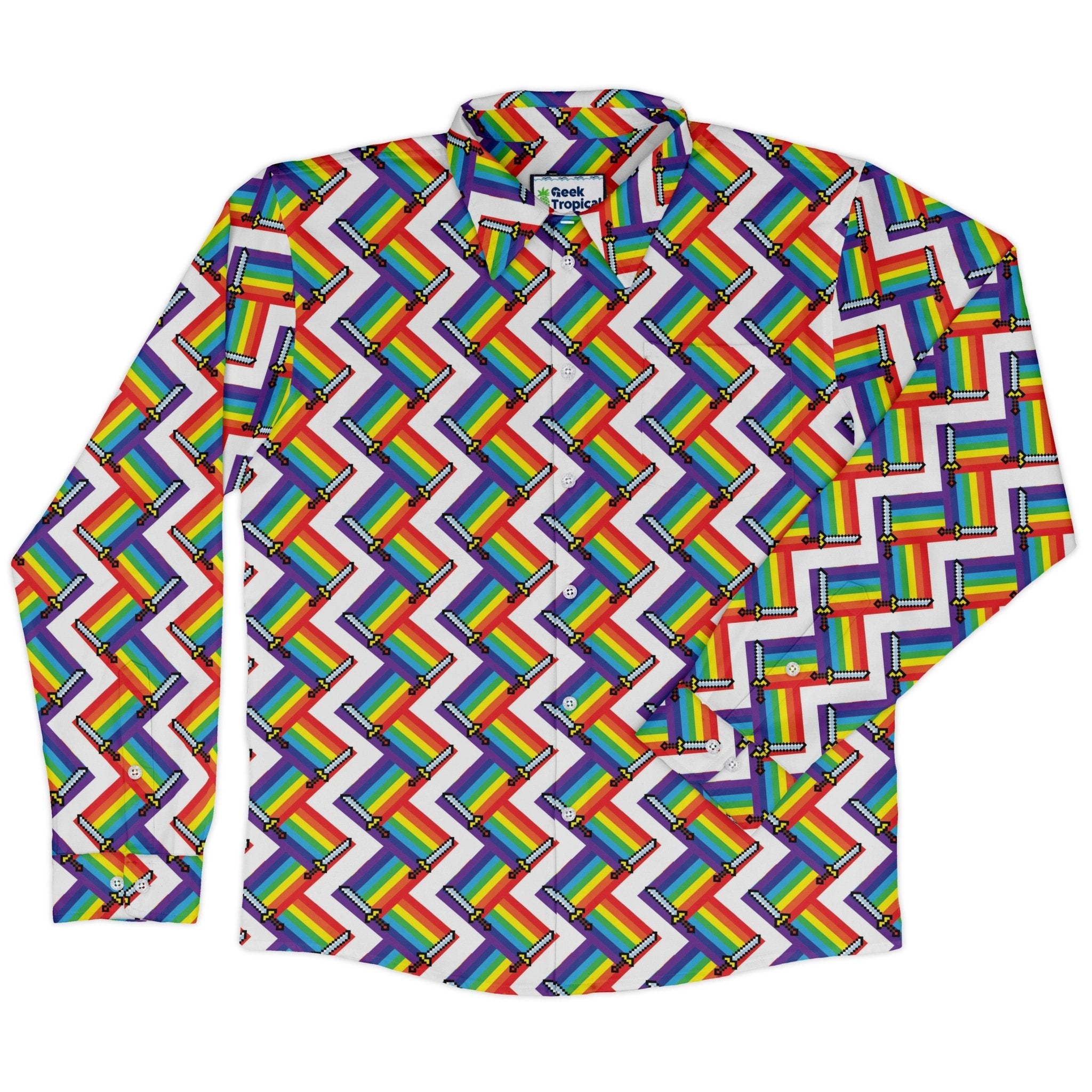 Video Game Swords Rainbow LGBTQ+ Pride Long Sleeve Button Up Shirt Geek Nerd adult sizing Design by Heather Davenport Pride Patterns