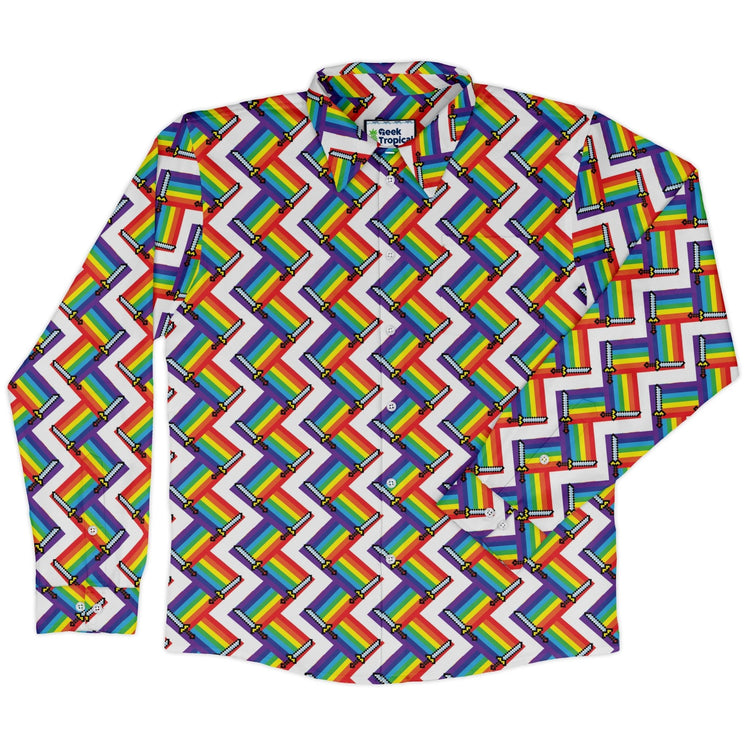 Video Game Swords Rainbow LGBTQ+ Pride Long Sleeve Button Up Shirt Geek Nerd adult sizing Design by Heather Davenport Pride Patterns