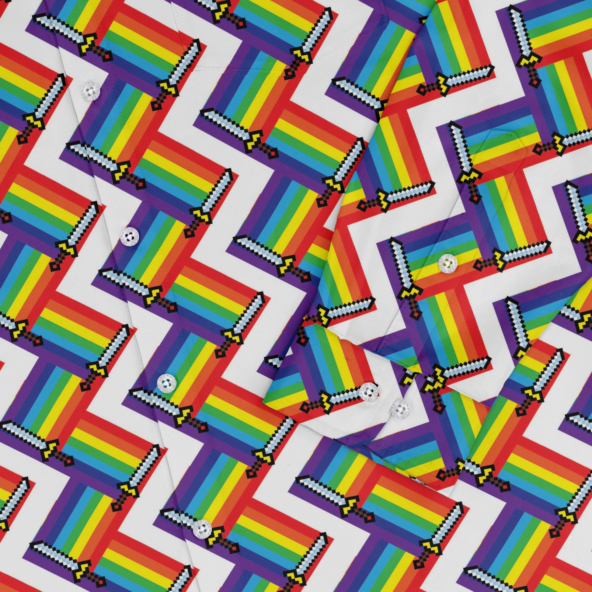 Video Game Swords Rainbow LGBTQ+ Pride Long Sleeve Button Up Shirt