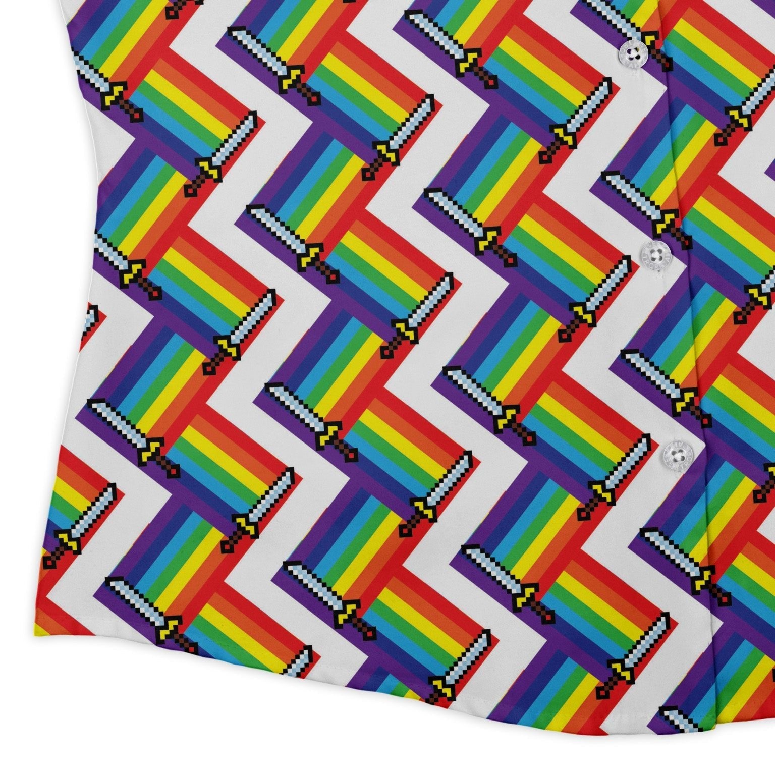 Video Game Swords Rainbow LGBTQ+ Pride Curvy Button Up Shirt Geek Nerd Design by Heather Davenport Pride Patterns video game arcade print