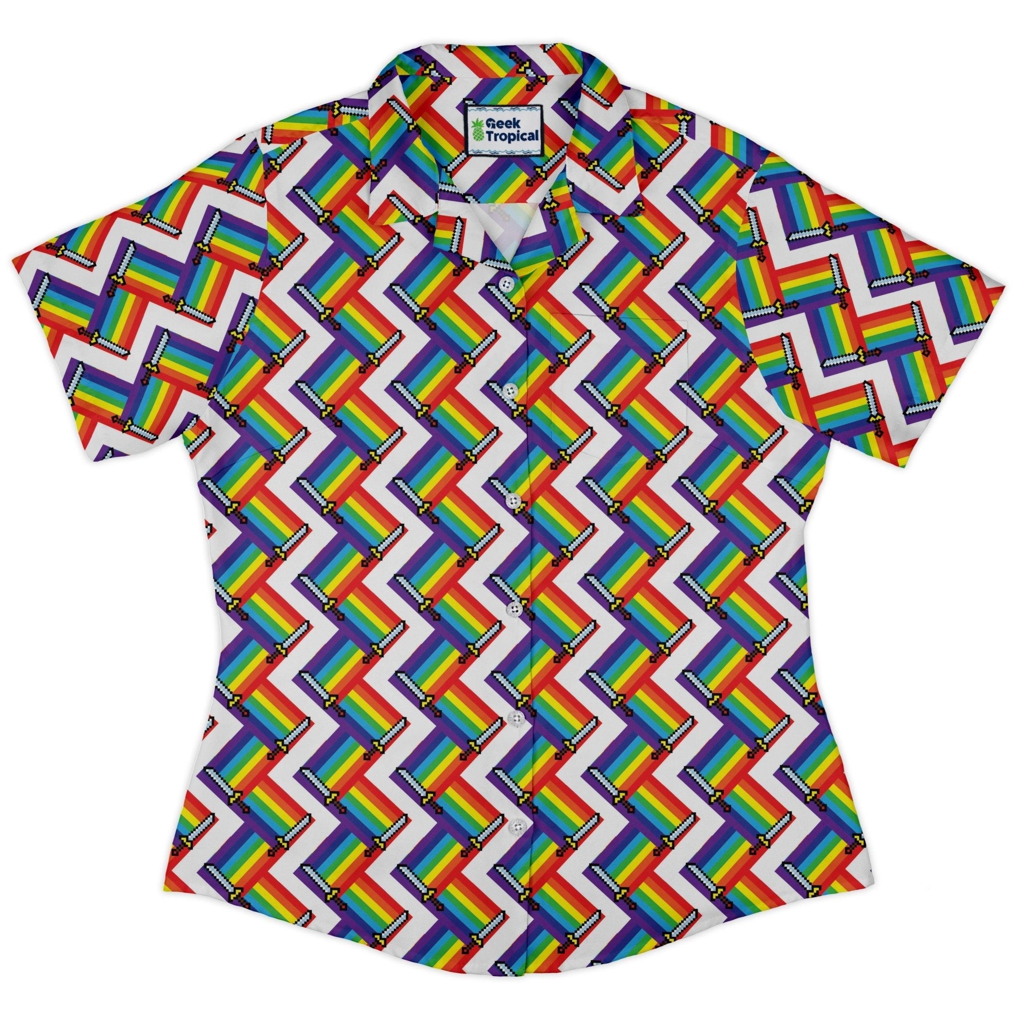 Clearance Ready - to - Ship Video Game Swords Rainbow LGBTQ+ Pride Curvy Button Up Shirt Geek Nerd Clearance Design by Heather Davenport Pride Patterns