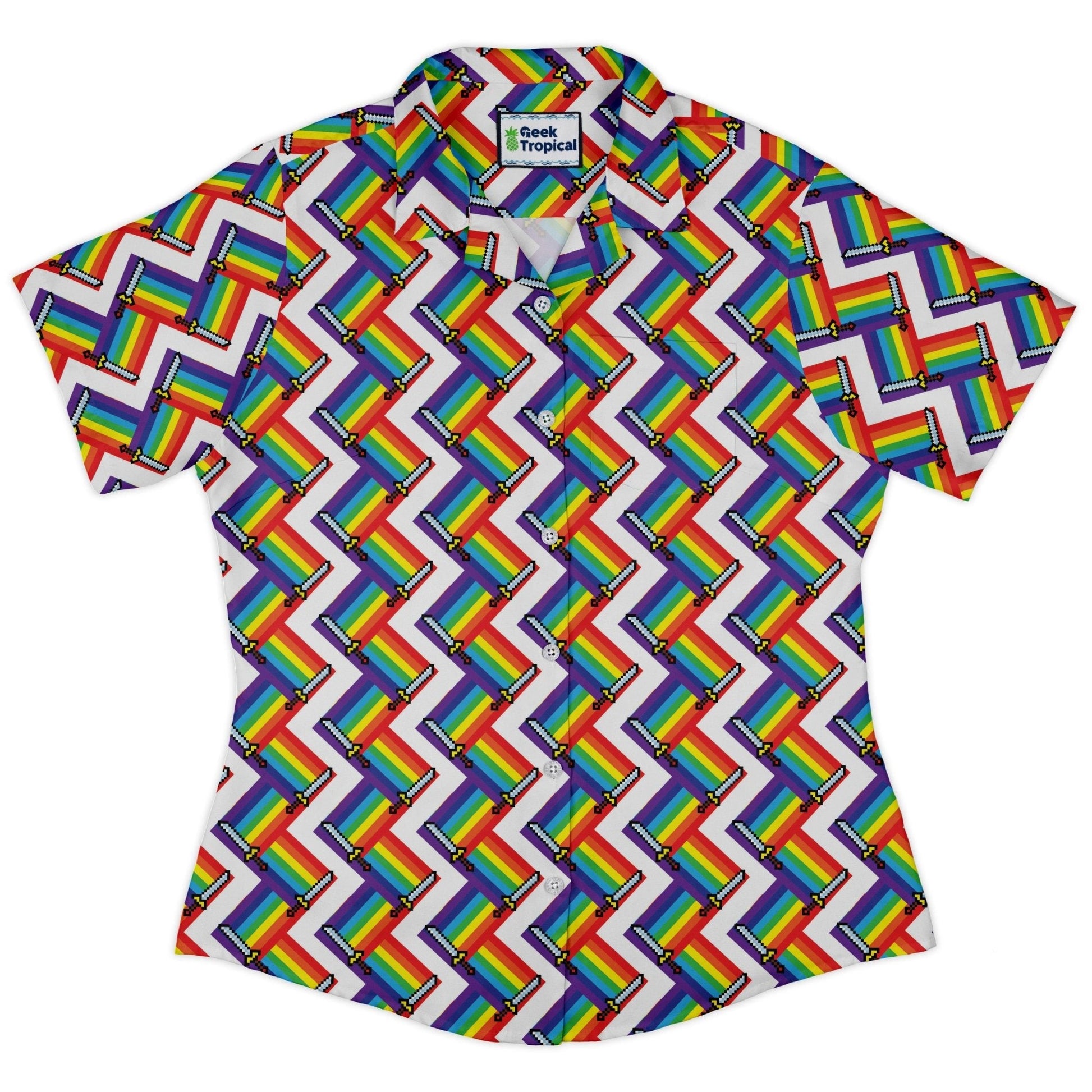 Clearance Ready - to - Ship Video Game Swords Rainbow LGBTQ+ Pride Curvy Button Up Shirt Geek Nerd Clearance Design by Heather Davenport Pride Patterns