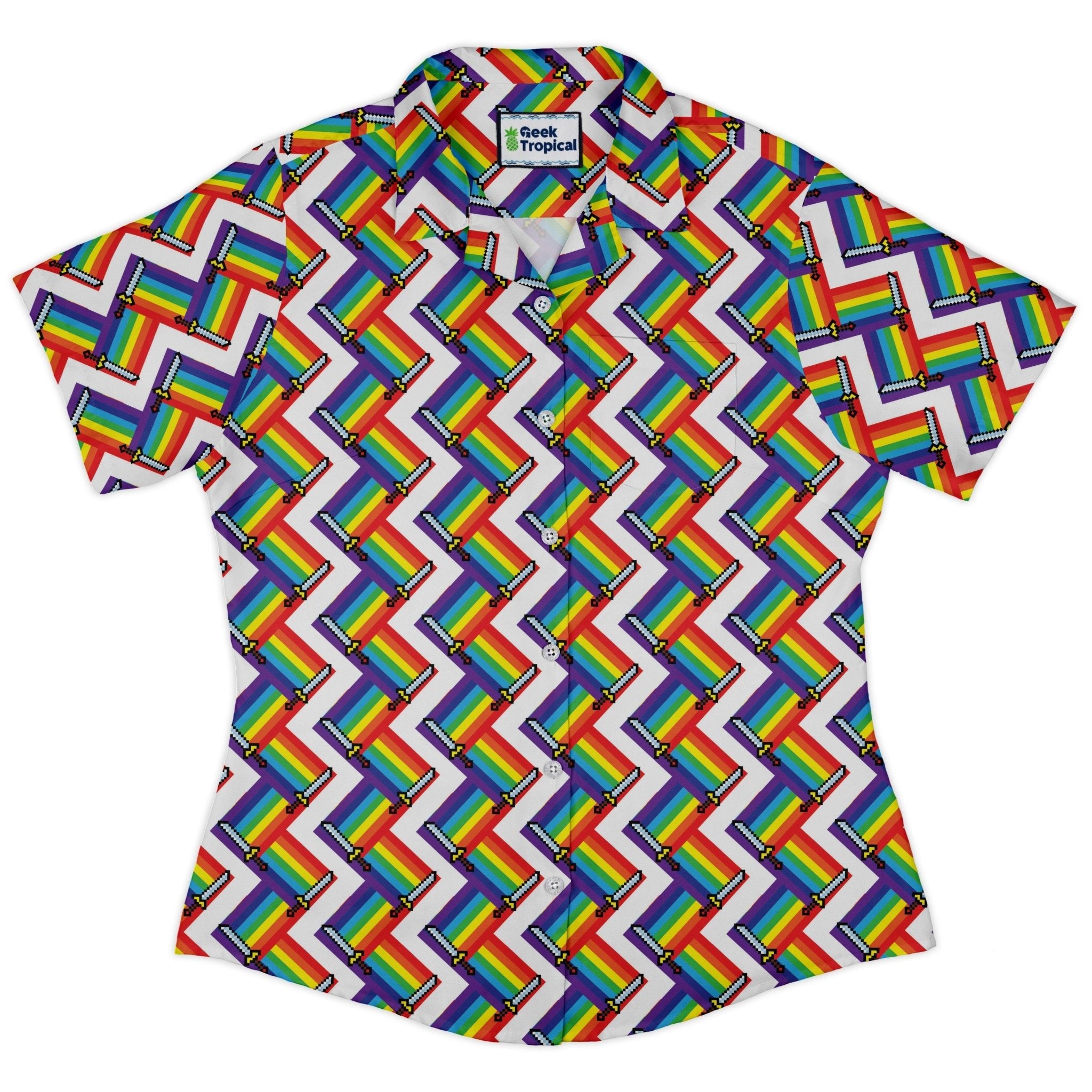 Video Game Swords Rainbow LGBTQ+ Pride Curvy Button Up Shirt Geek Nerd Design by Heather Davenport Pride Patterns video game arcade print