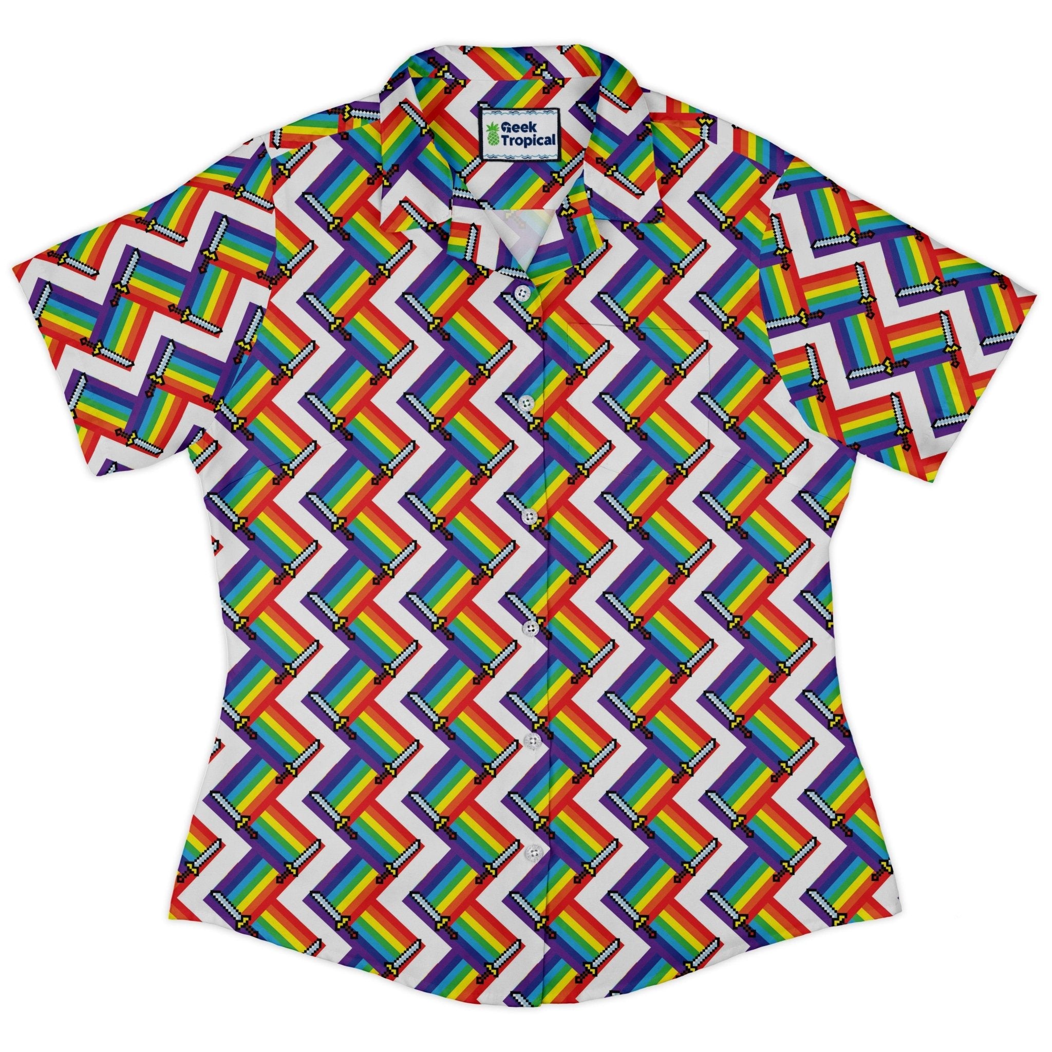 Video Game Swords Rainbow LGBTQ+ Pride Curvy Button Up Shirt Geek Nerd Design by Heather Davenport Pride Patterns video game arcade print