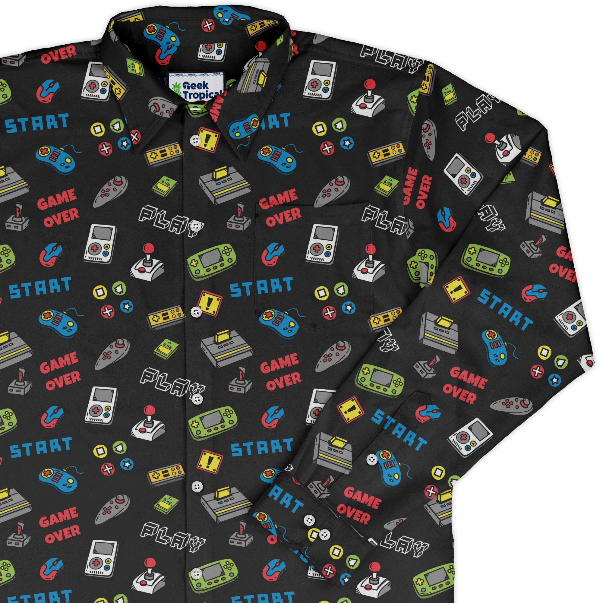 Video Gamer Black Video Game Long Sleeve Button Up Shirt