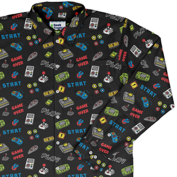 Video Gamer Black Video Game Long Sleeve Button Up Shirt Geek Nerd adult sizing video game arcade print