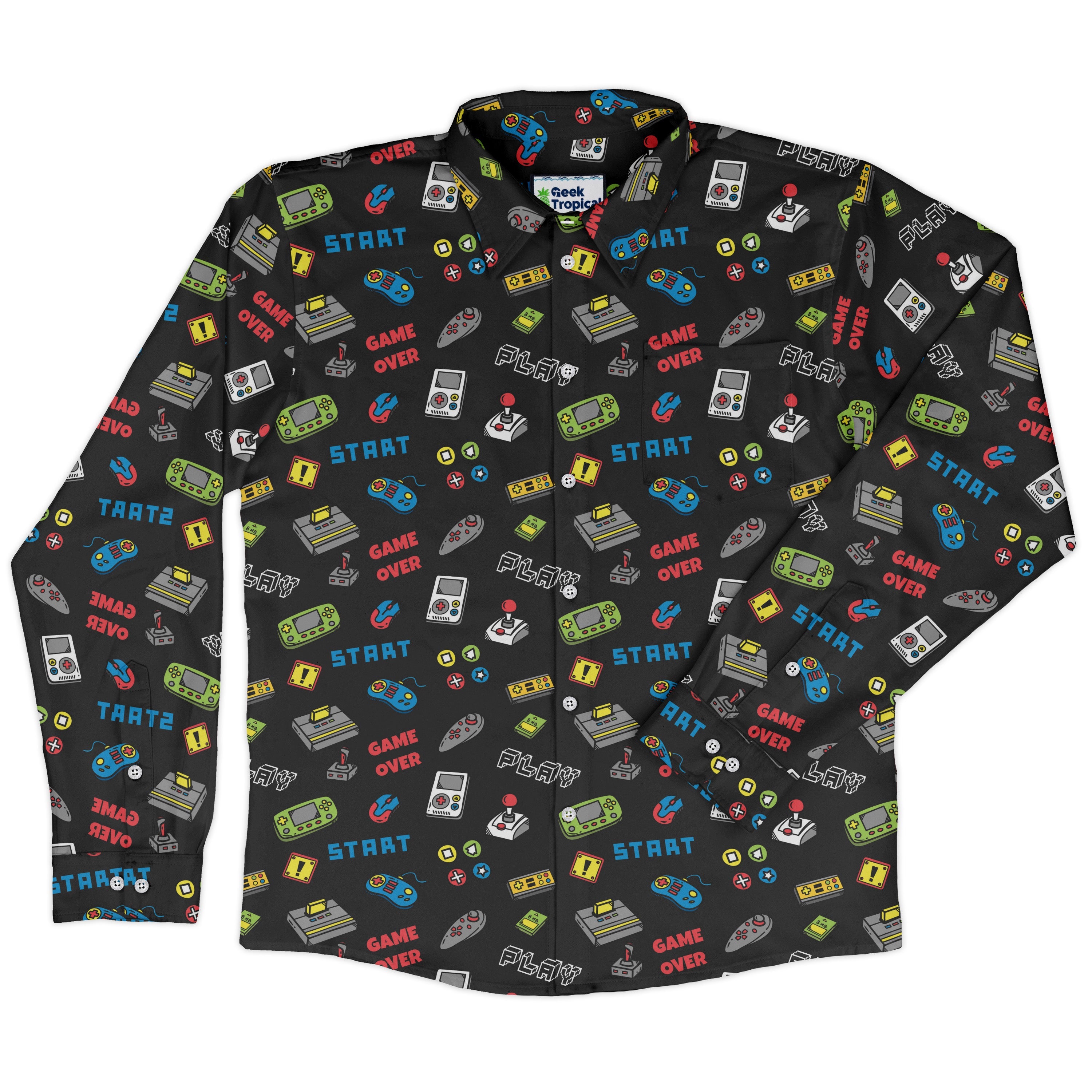 Video Gamer Black Video Game Long Sleeve Button Up Shirt