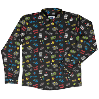 Video Gamer Black Video Game Long Sleeve Button Up Shirt Geek Nerd adult sizing video game arcade print