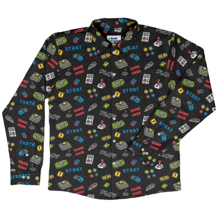 Video Gamer Black Video Game Long Sleeve Button Up Shirt Geek Nerd adult sizing video game arcade print