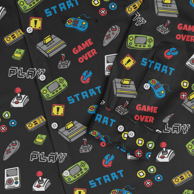 Video Gamer Black Video Game Long Sleeve Button Up Shirt Geek Nerd adult sizing video game arcade print