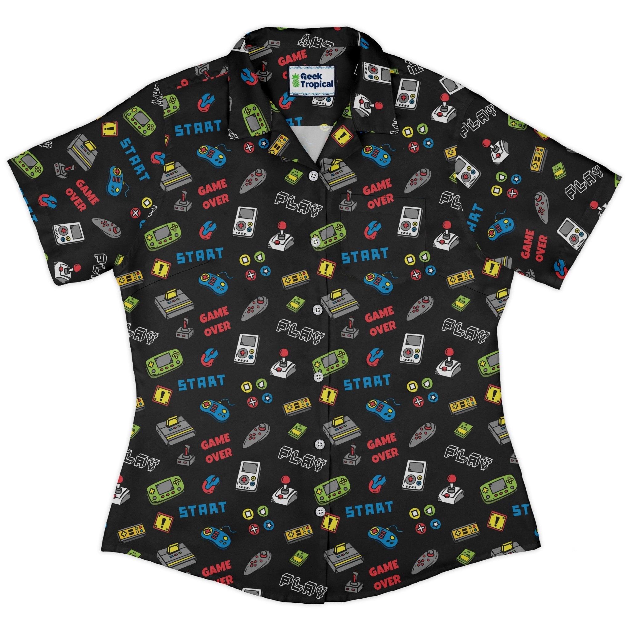 Video Gamer Black Video Game Curvy Button Up Shirt Geek Nerd video game arcade print women