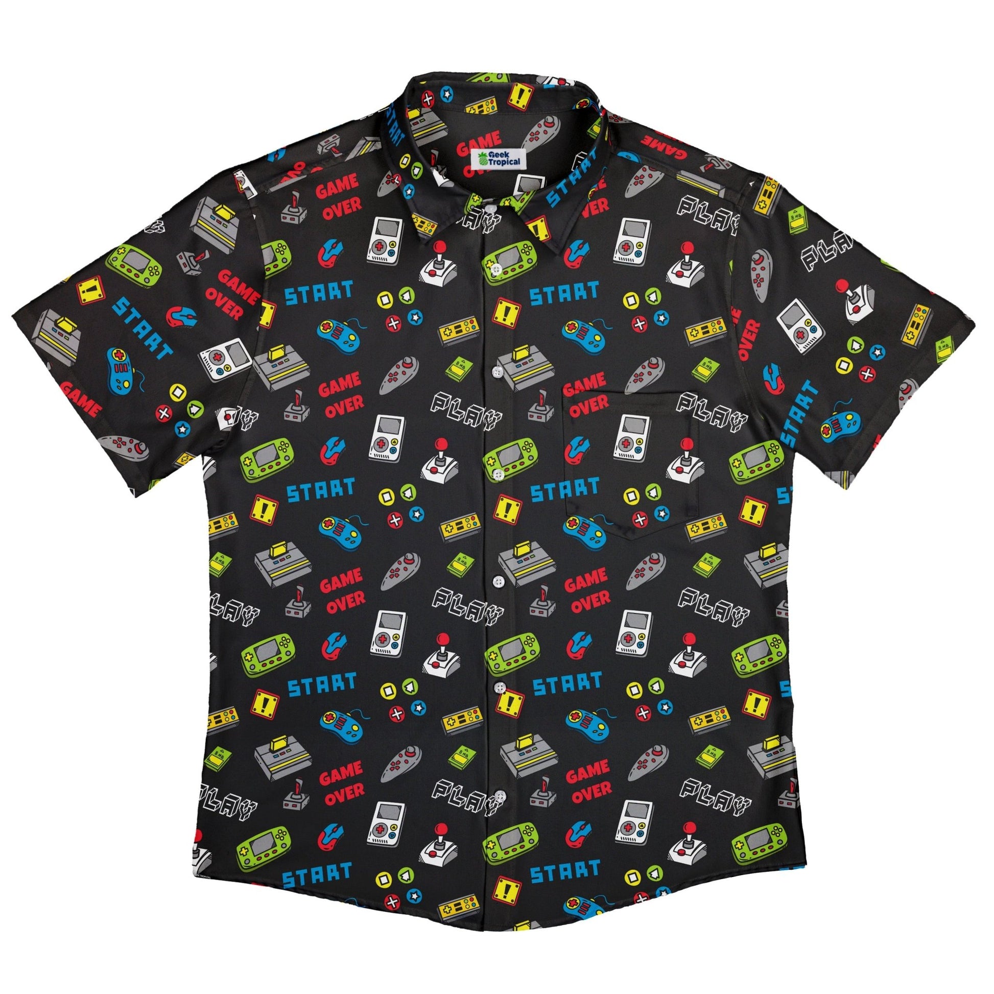 Video Gamer Black Video Game Button Up Shirt - adult sizing - video game arcade print -