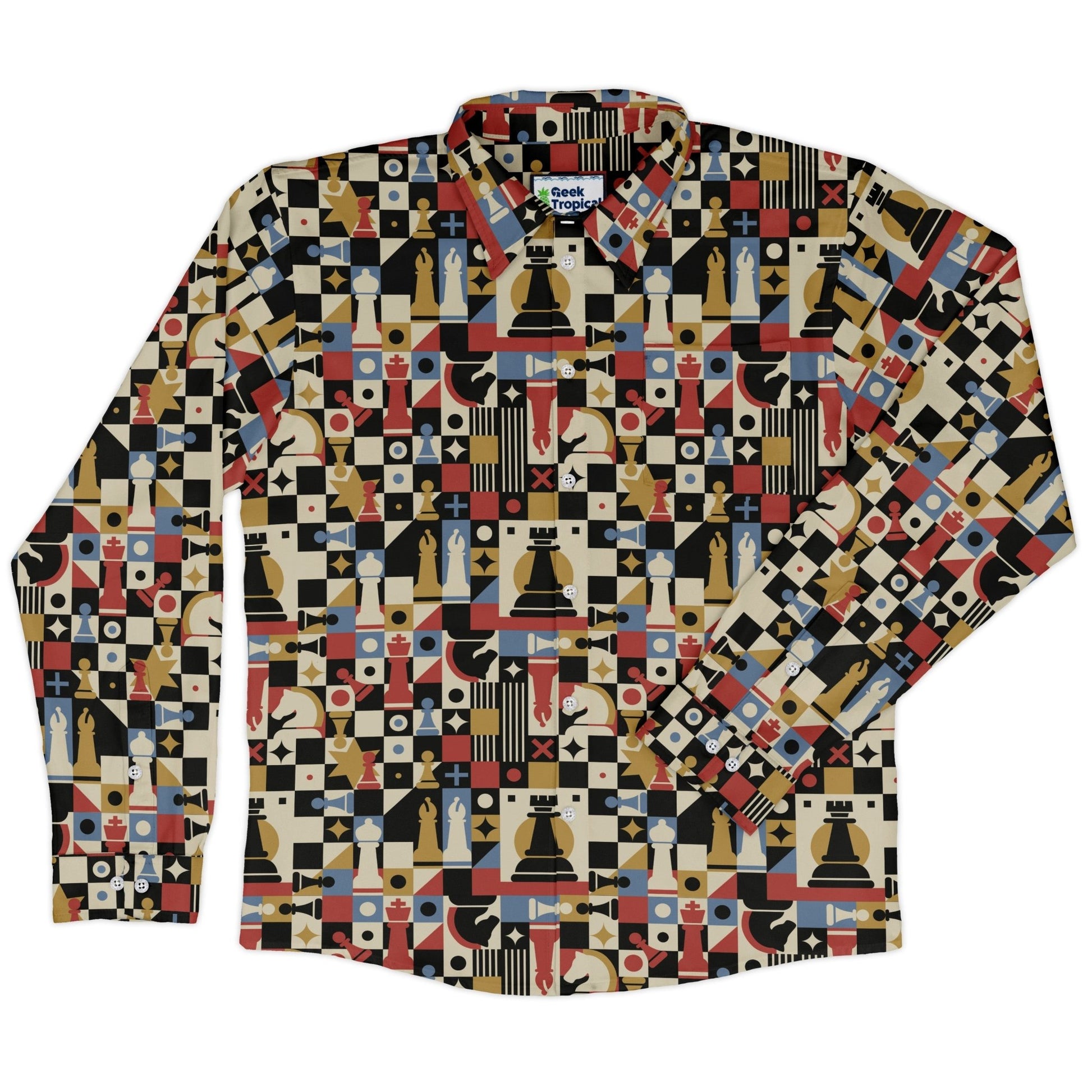 Vintage Chess Art Long Sleeve Button Up Shirt Geek Nerd 0925 adult sizing All Adult Button Up Shirts