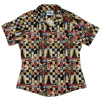 Vintage Chess Art Curvy Button Up Shirt Geek Nerd 0925 All Adult Button Up Shirts board game print