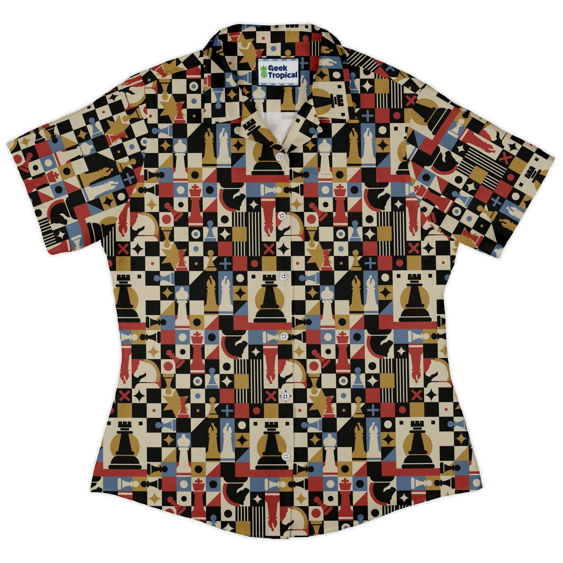 Vintage Chess Art Curvy Button Up Shirt Geek Nerd 0925 All Adult Button Up Shirts board game print