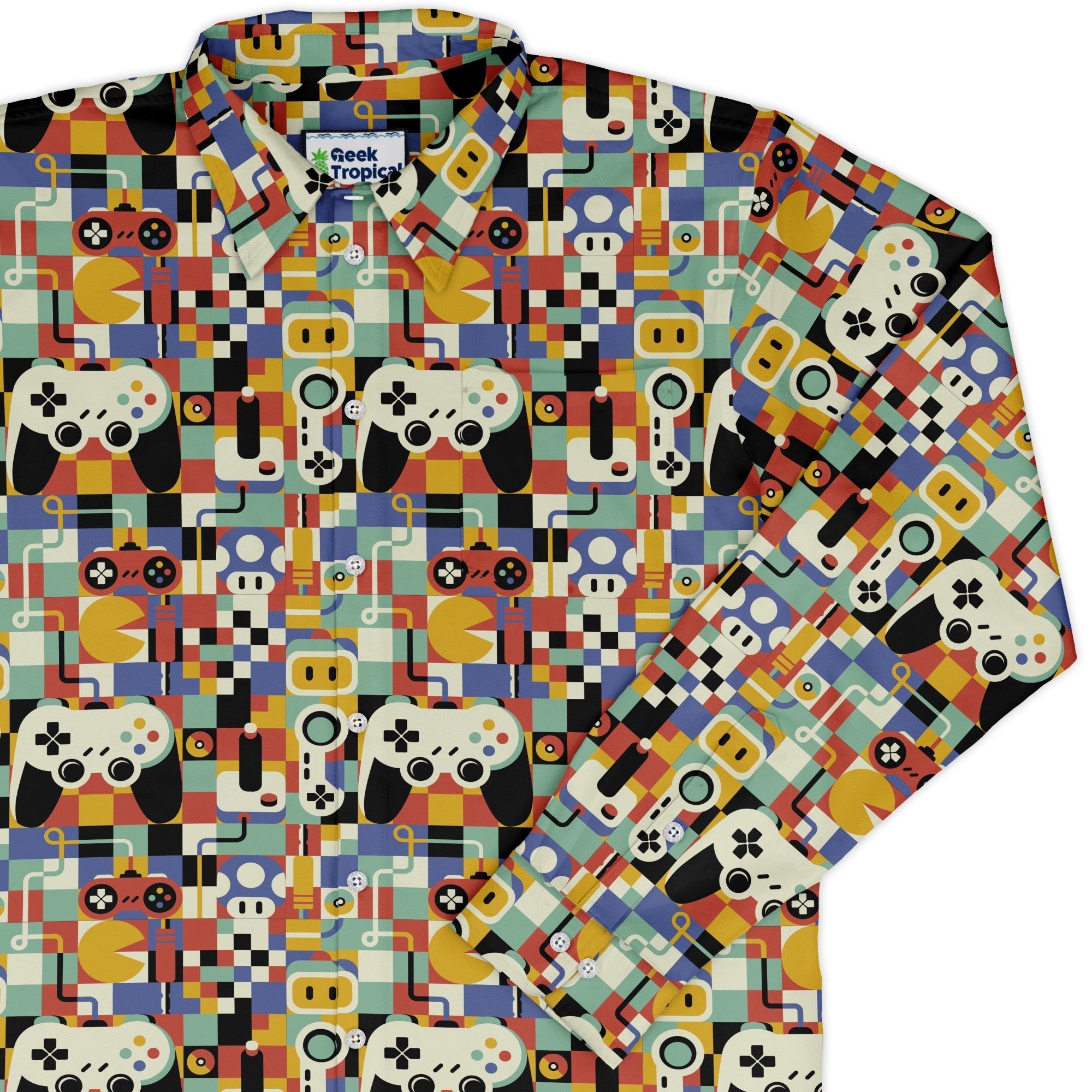 Vintage Gamer Art Long Sleeve Button Up Shirt Geek Nerd 0925 adult sizing All Adult Button Up Shirts