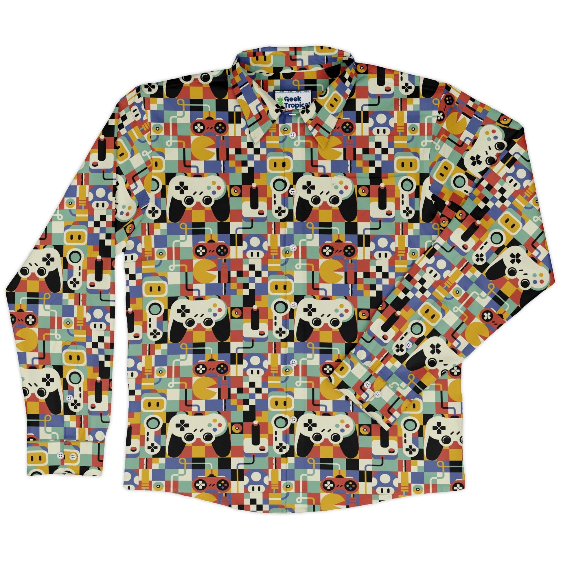 Vintage Gamer Art Long Sleeve Button Up Shirt Geek Nerd 0925 adult sizing All Adult Button Up Shirts