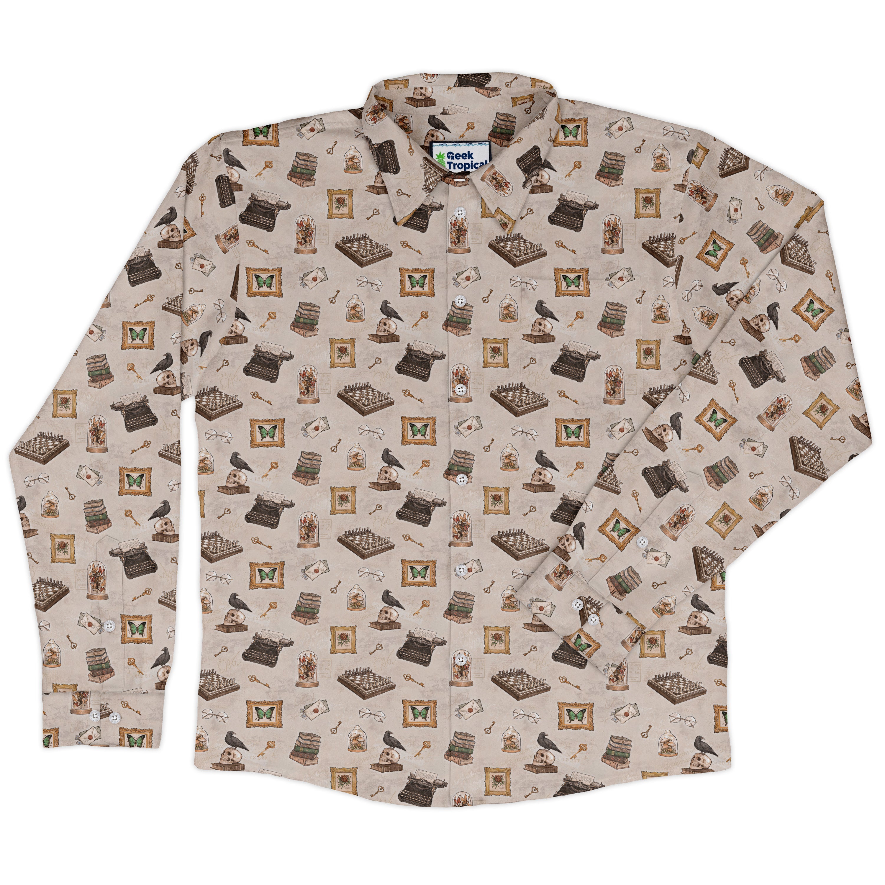 Vintage Gothic Library Long Sleeve Button Up Shirt