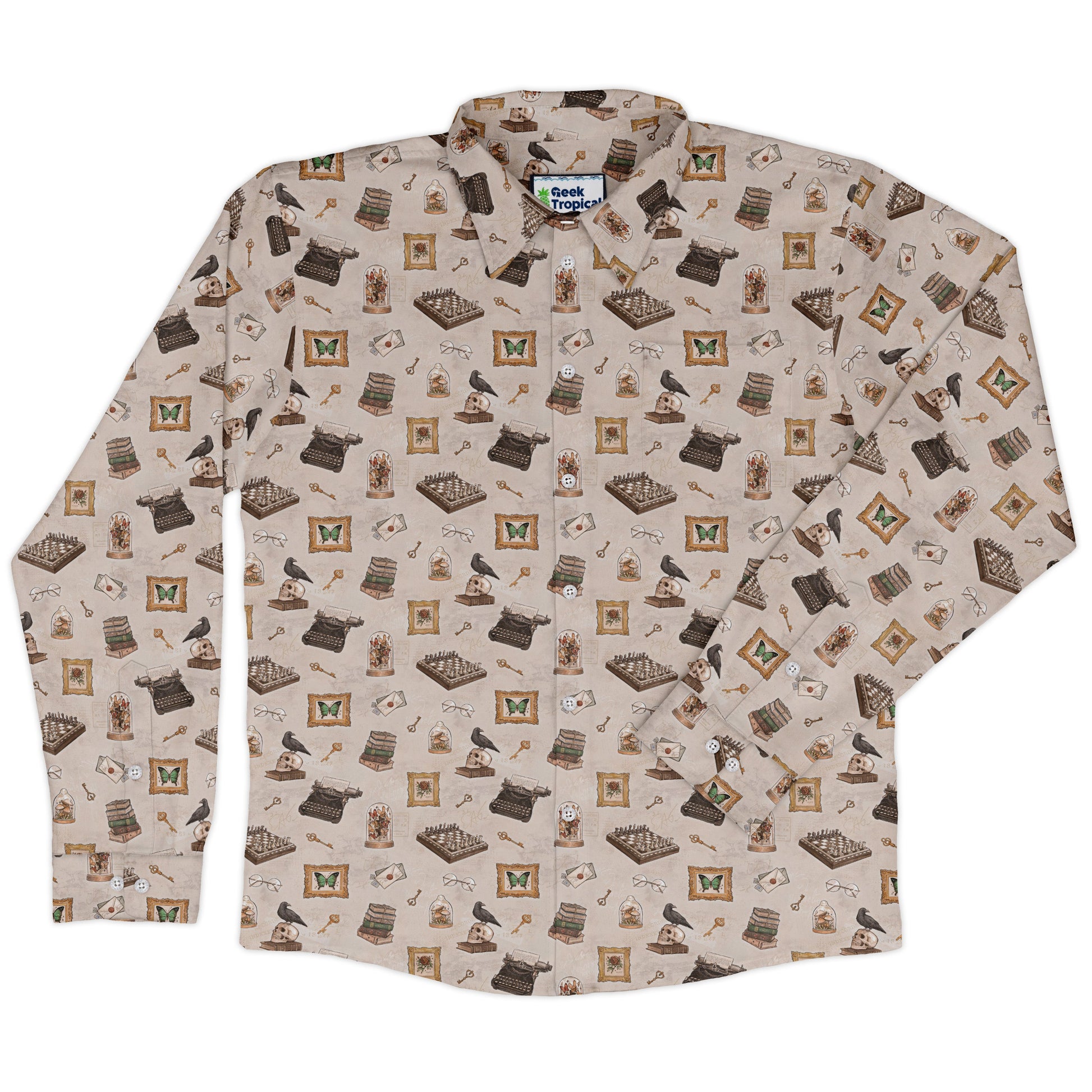 Vintage Gothic Library Long Sleeve Button Up Shirt