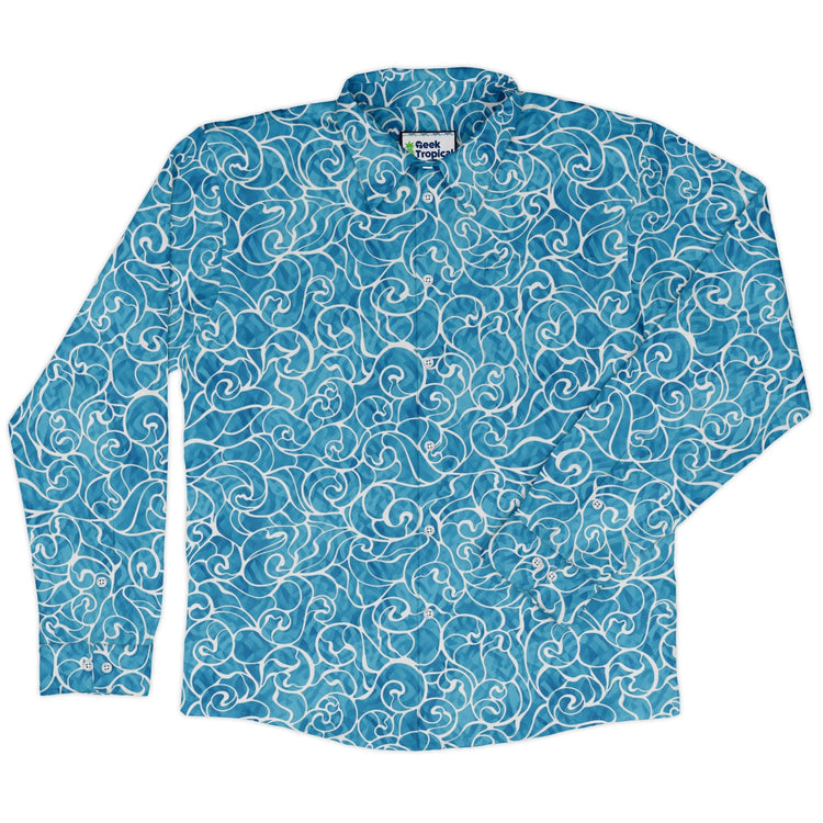 Waves light Long Sleeve Button Up Shirt Geek Nerd adult sizing Design By Brigid Ashwood Marine biology
