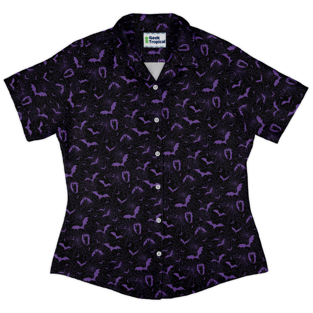 Web Bats Dark Curvy Button Up Shirt womens front
